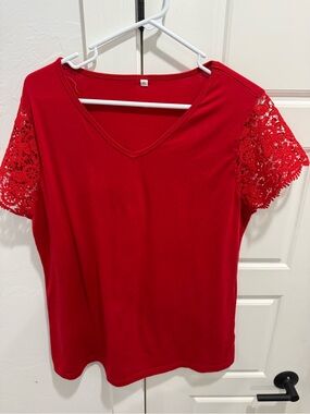 T.J.Maxx Red V-Neck Top with Crochet Short Sleeves